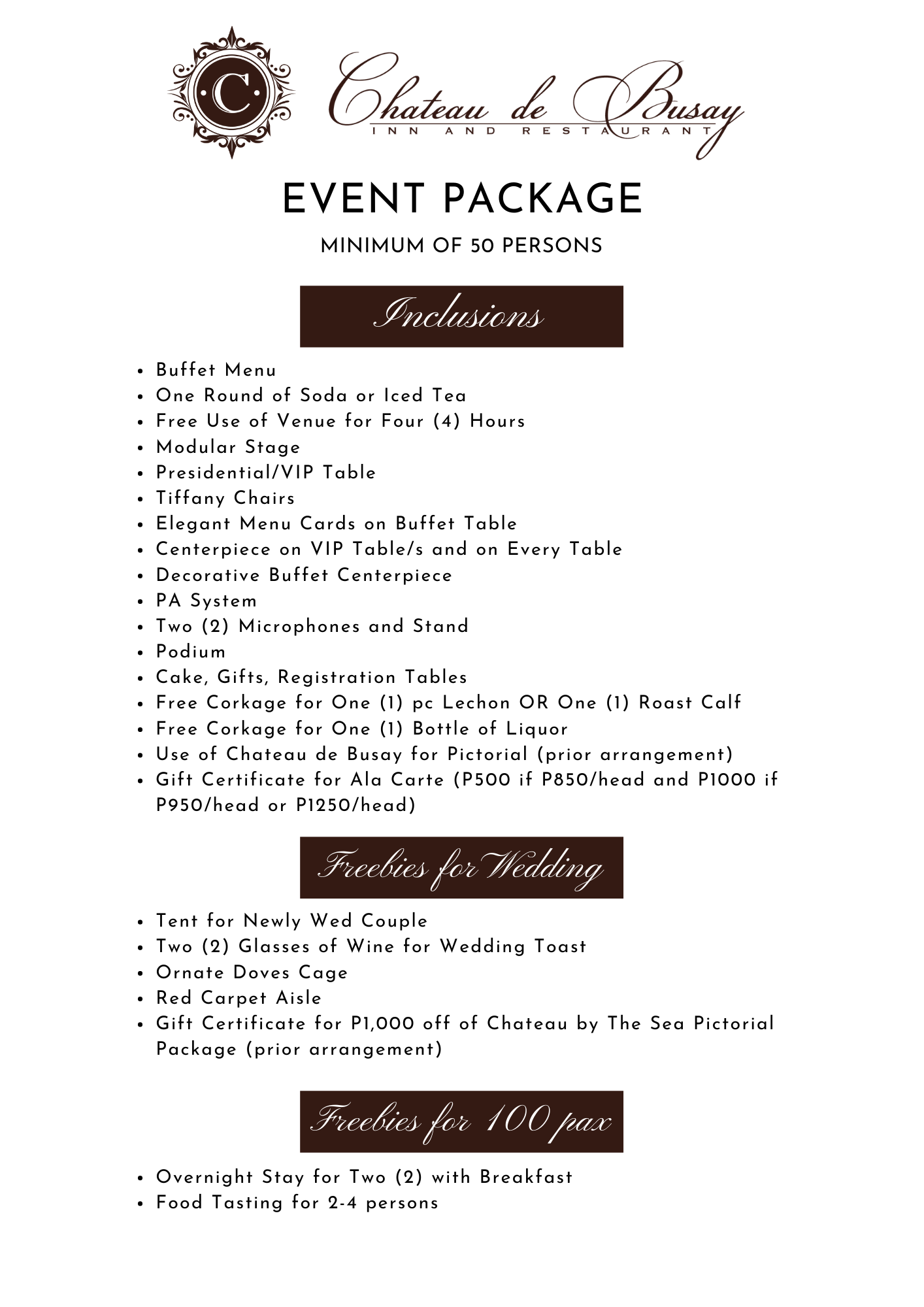 Event Package Inclusions
